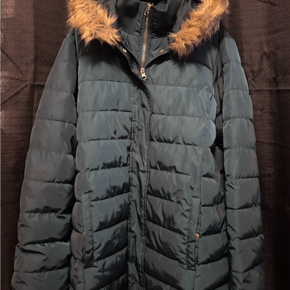 Women's Teal Puffer Jacket with Faux Fur Trim